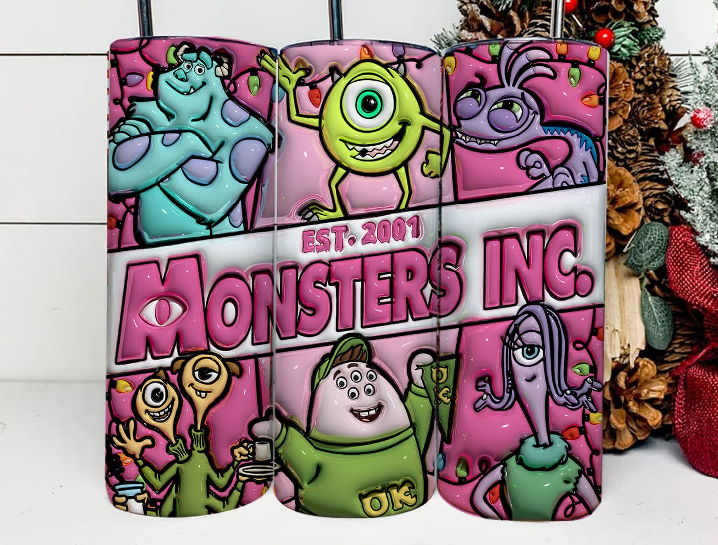 3D Inflated Monsters Christmas Tumbler Wrap Png, Monsters Tumbler Png, Cartoon Christmas Png, Pink Christmas Tumbler Wrap - VartDigitals