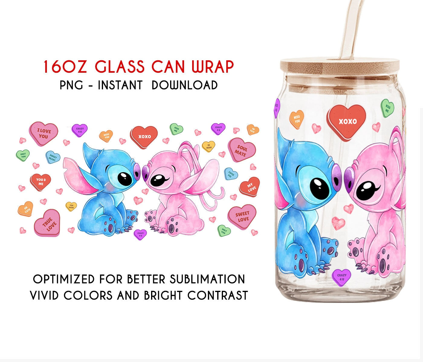 Cartoon Valentine, 16oz Can Glass Wrap, Valentine Tumbler Wrap, Stitch Tumbler, Libbey Glass Wrap, Png Download, Valentine Png - VartDigitals