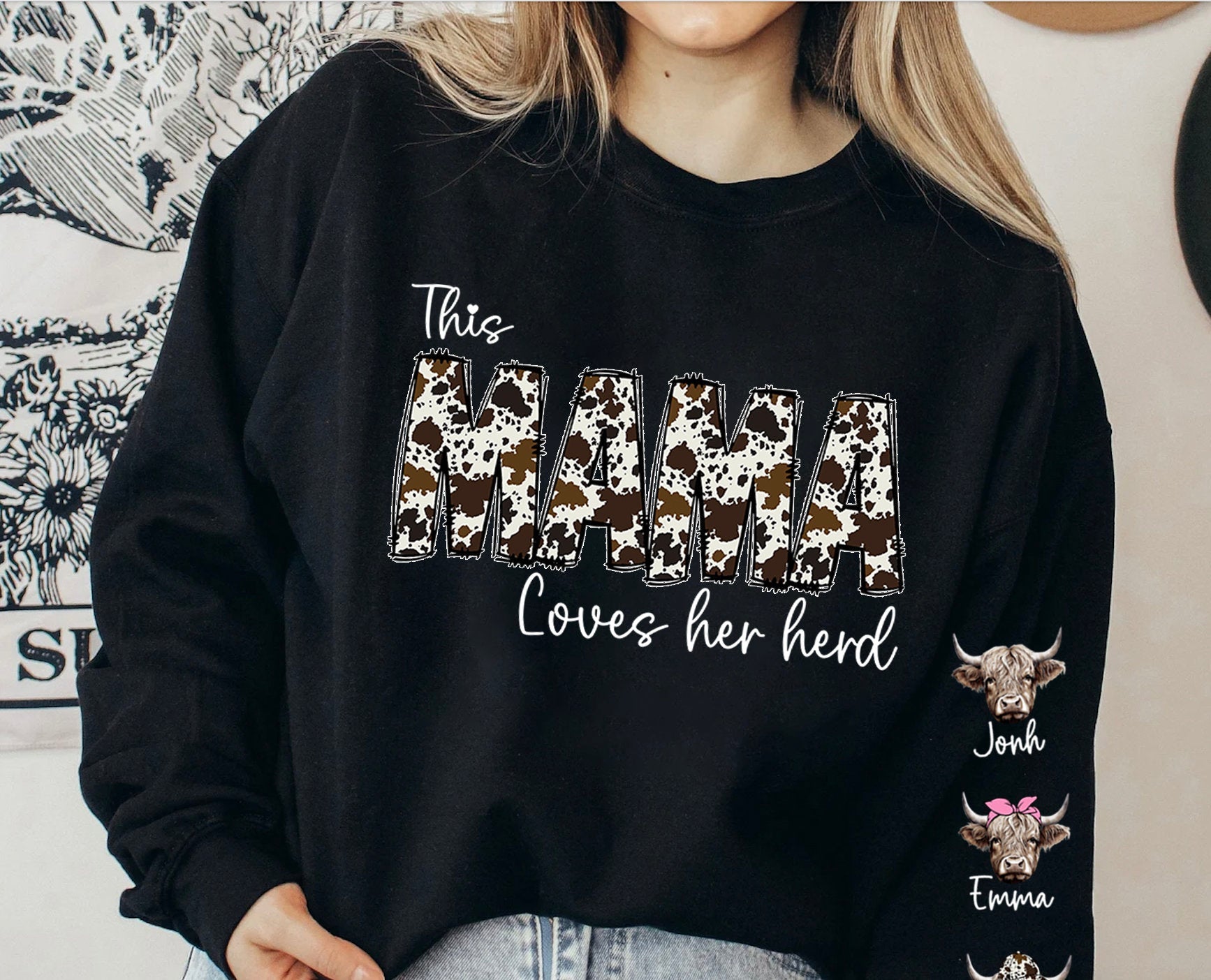 This MAMA wears her herds on her sleeve PNG, Custom Mama valentines day png, Cowhide Mama with highland cows, Valentine Mama png - VartDigitals