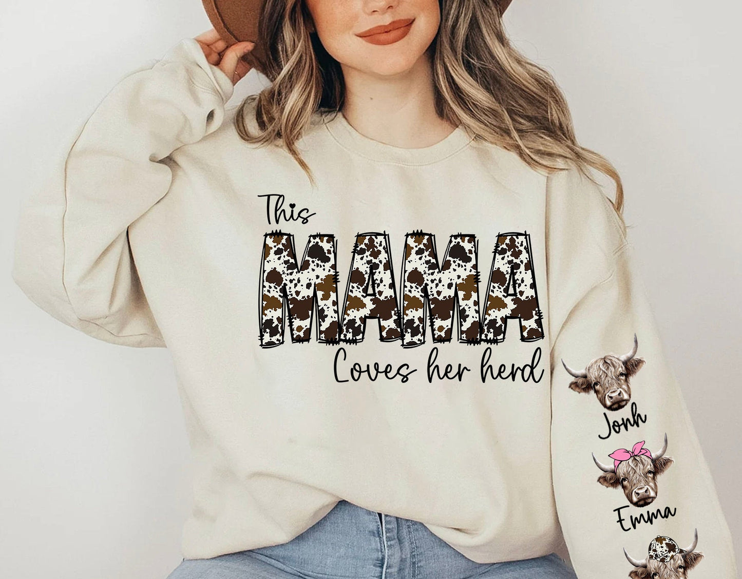 This MAMA wears her herds on her sleeve PNG, Custom Mama valentines day png, Cowhide Mama with highland cows, Valentine Mama png - VartDigitals