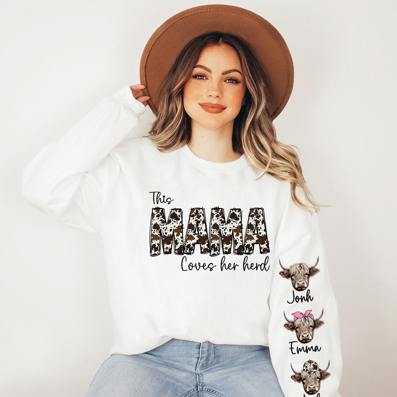 This MAMA wears her herds on her sleeve PNG, Custom Mama valentines day png, Cowhide Mama with highland cows, Valentine Mama png - VartDigitals