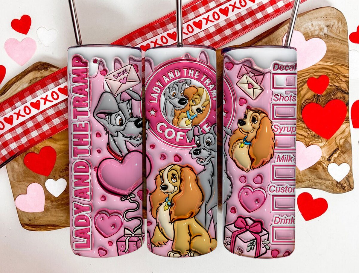 3D Lady and the Tramp Valentine Tumbler Design PNG, 3D Inflated Valentine Tumbler Wrap, Dog Lover Valentine Tumbler Wrap, Valentine Coffee - VartDigitals