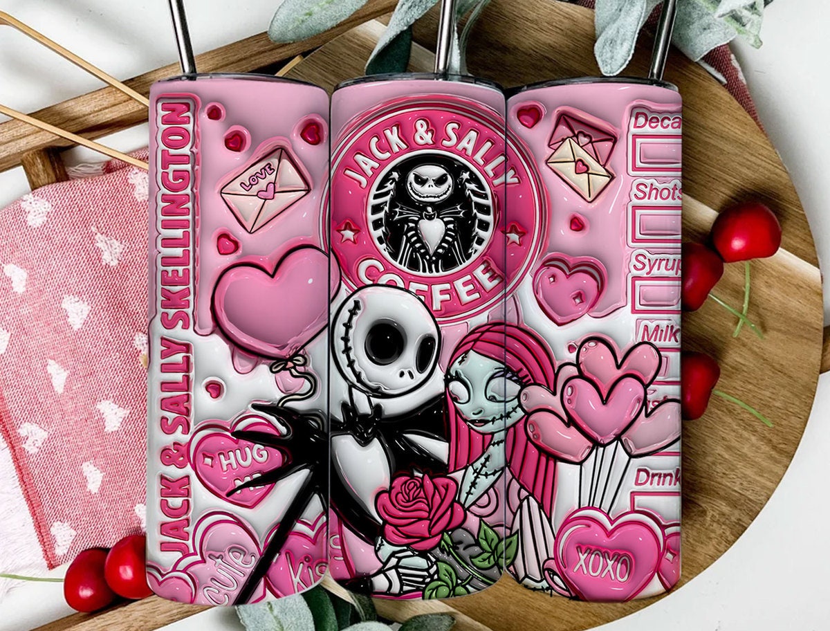 3D Jack And Sally Valentine Tumbler Design PNG, 3D Inflated Valentine Tumbler Wraps, Jack Sally Skellington,The Nightmare Before Christmas - VartDigitals