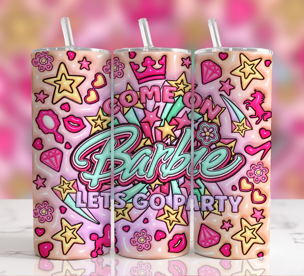 3D Inflated Barbie Tumbler Wrap PNG Bundle, 20oz Skinny Straight Wrap, Sublimation Designs, Puffy Pink Doll Tumbler, Barbie Watercolor PNG