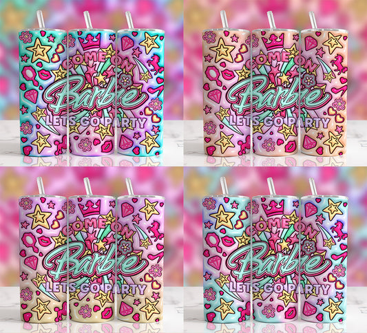 3D Inflated Barbie Tumbler Wrap PNG Bundle, 20oz Skinny Straight Wrap, Sublimation Designs, Puffy Pink Doll Tumbler, Barbie Watercolor PNG