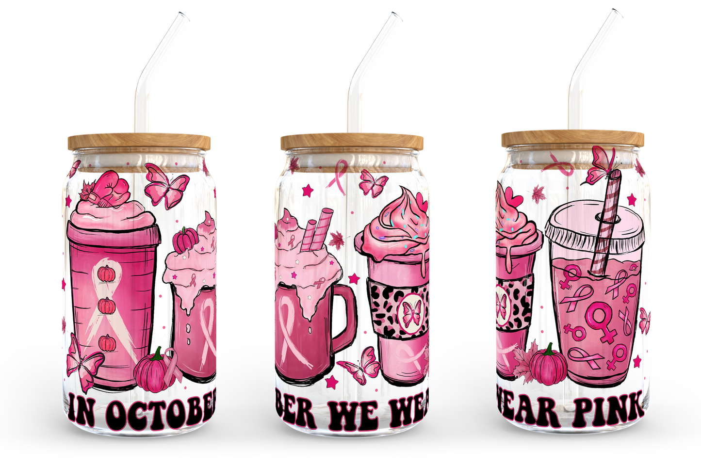 Pink Coffee Design Png, 16oz Libbey Can Glass, Minnie Coffee Tumbler, In October We Wear Pink PNG, Full Glass Can Wrap, Digital Download