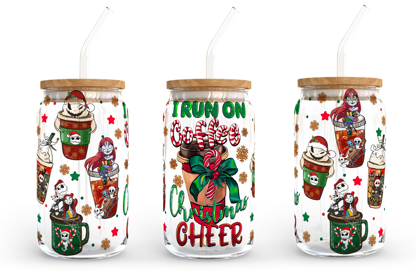 I Run On Coffee And Christmas Cheer 16oz Libbey Glass Can, Christmas Vibes Frosted Glass, Santa Claus Beer Can Glass, Retro Christmas Design