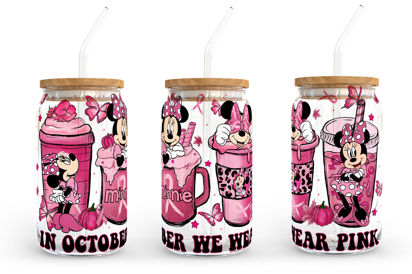 Pink Coffee Design Png, 16oz Libbey Can Glass, Minnie Coffee Tumbler, In October We Wear Pink PNG, Full Glass Can Wrap, Digital Download