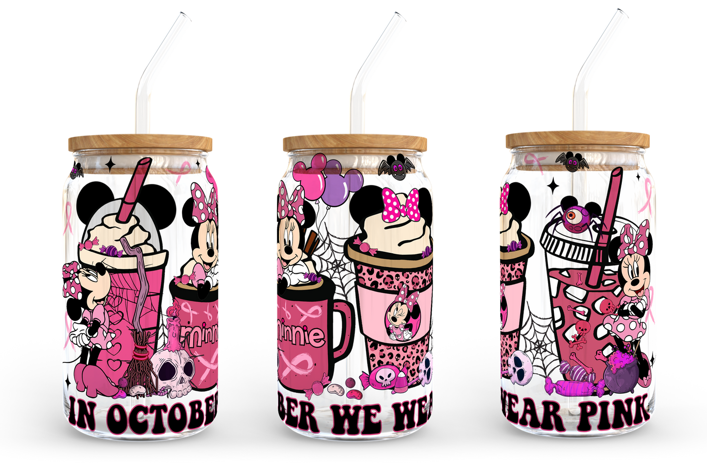 Pink Coffee Design Png, 16oz Libbey Can Glass, Minnie Coffee Tumbler, In October We Wear Pink PNG, Full Glass Can Wrap, Digital Download