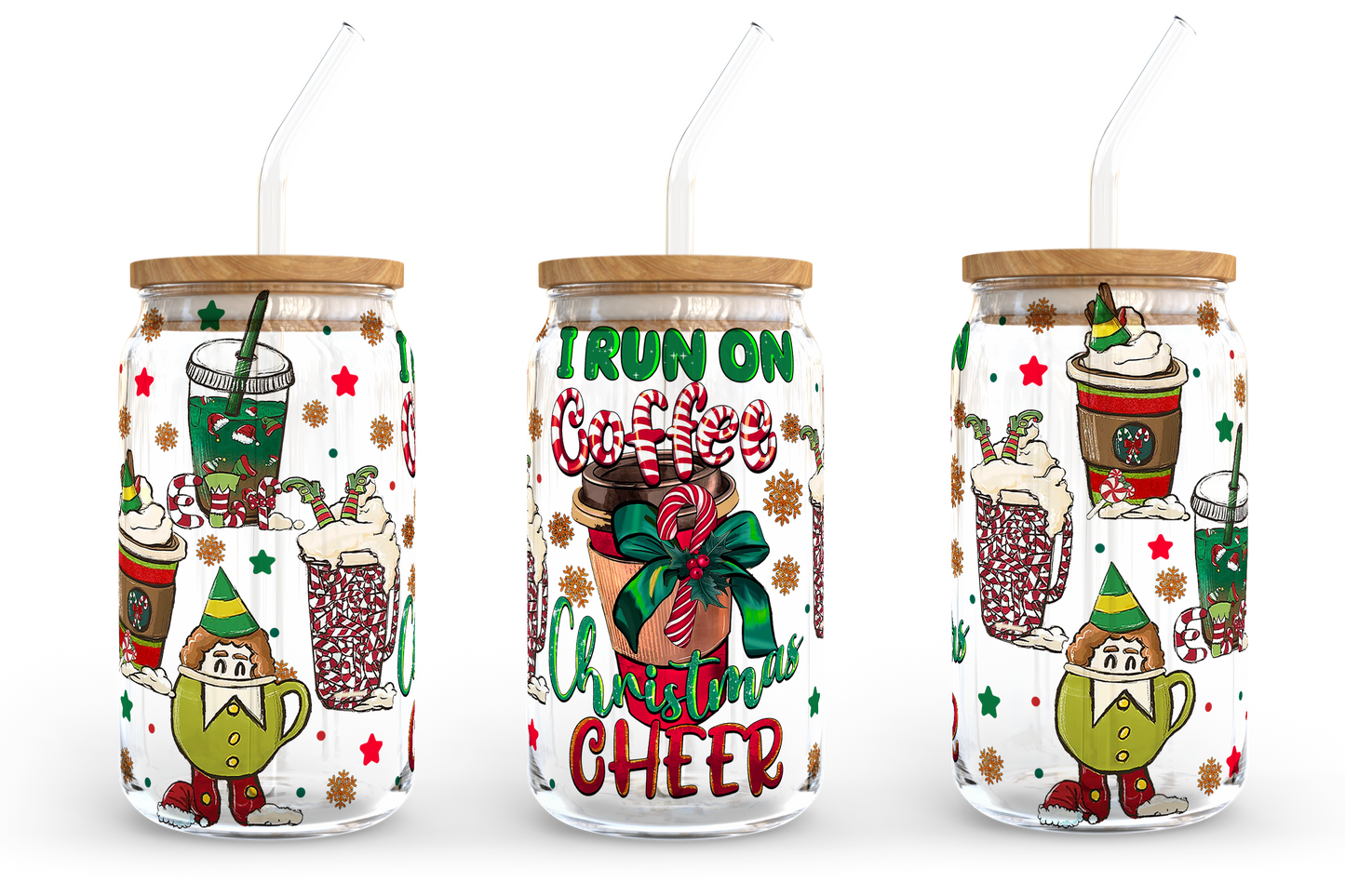 I Run On Coffee And Christmas Cheer 16oz Libbey Glass Can, Christmas Vibes Frosted Glass, Santa Claus Beer Can Glass, Retro Christmas Design