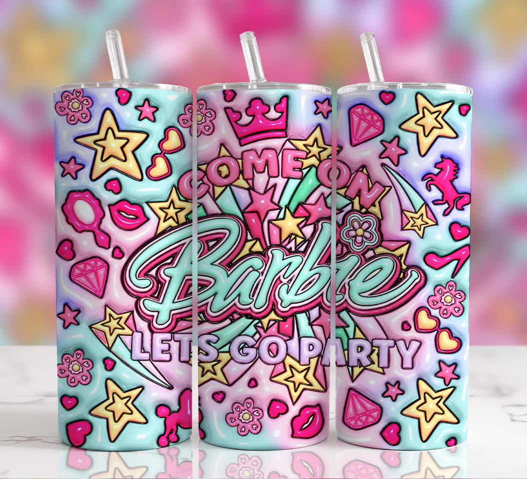 3D Inflated Barbie Tumbler Wrap PNG Bundle, 20oz Skinny Straight Wrap, Sublimation Designs, Puffy Pink Doll Tumbler, Barbie Watercolor PNG