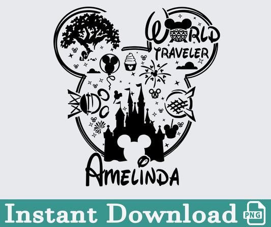 World Traveler SVG and PNG, Family Vacation SVG, Mickey Mouse and Minnie Mouse head with castle and fireworks, Svg, Dxf, Eps and Png files