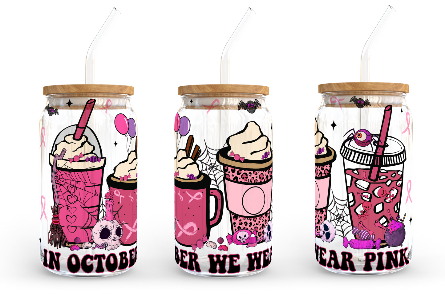 Pink Coffee Design Png, 16oz Libbey Can Glass, Minnie Coffee Tumbler, In October We Wear Pink PNG, Full Glass Can Wrap, Digital Download