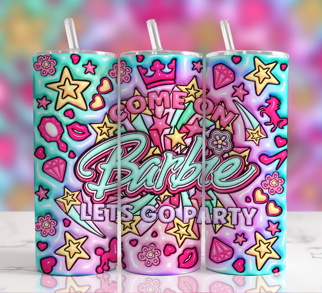 3D Inflated Barbie Tumbler Wrap PNG Bundle, 20oz Skinny Straight Wrap, Sublimation Designs, Puffy Pink Doll Tumbler, Barbie Watercolor PNG