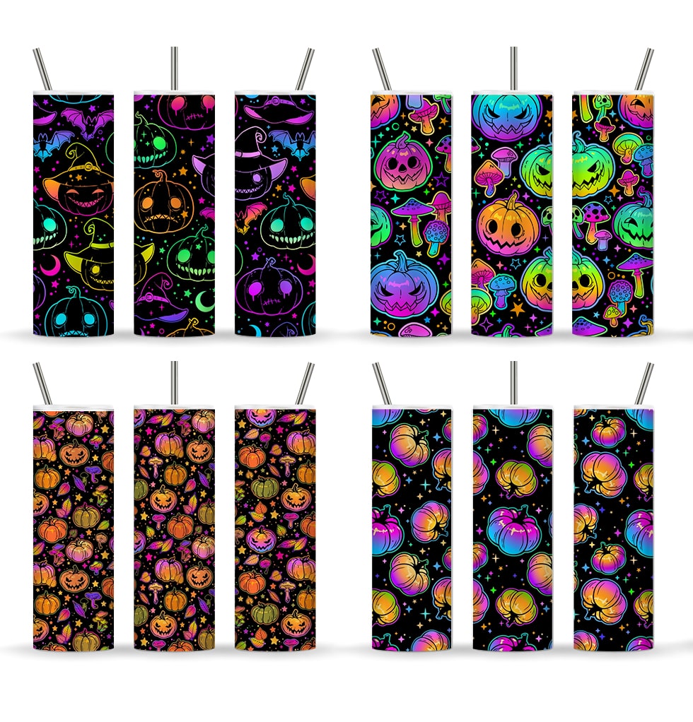 Multicolored Halloween Pumpkin 20Oz Skinny Tumbler, Bright Colorful Sublimation Design, Halloween Bat Pumpkin Tumbler Wrap