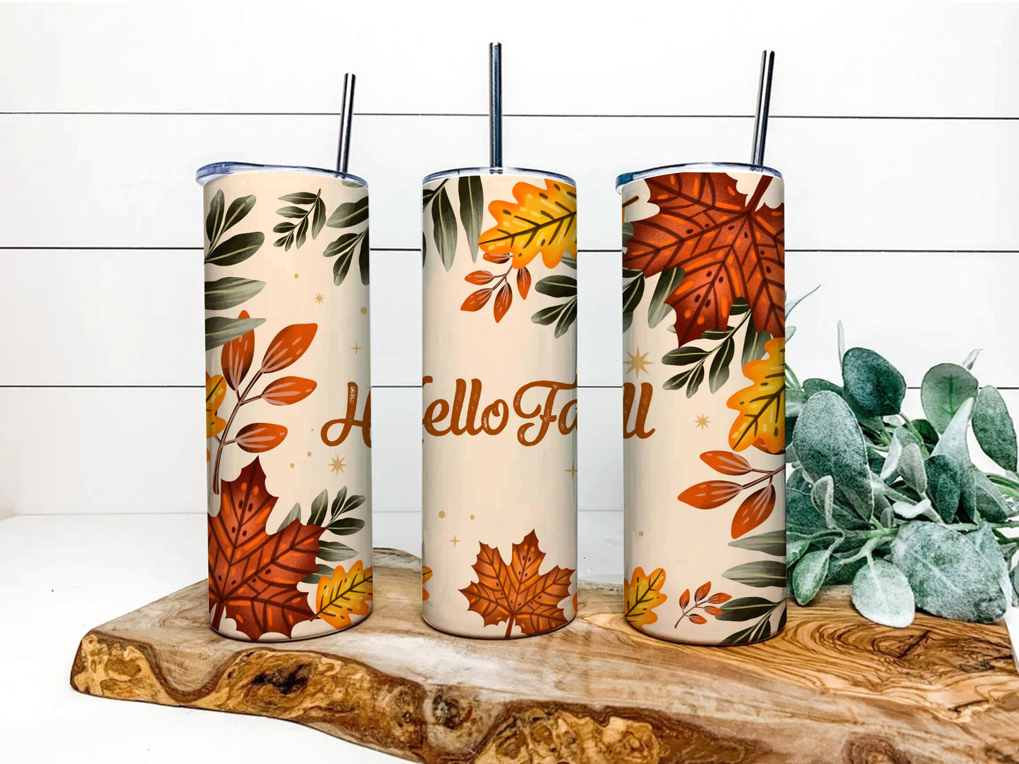 Fall 20 oz Skinny Tumbler Bundle, Fall Vibes Tumbler Wrap, Autumn Tumbler Sublimation Design, Hello Fall Tumbler Design - PNG