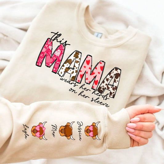 This MAMA wears her herds on her sleeve PNG, Custom Mama valentines day png, Cowhide Mama with highland cows, Valentine Mama png - VartDigitals