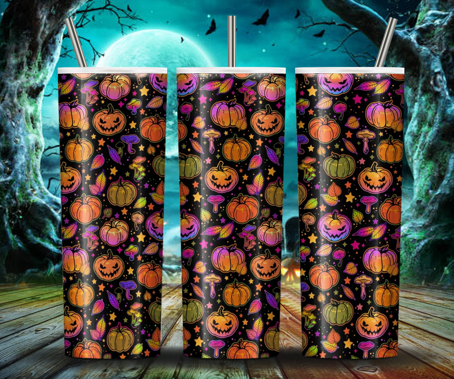 Multicolored Halloween Pumpkin 20Oz Skinny Tumbler, Bright Colorful Sublimation Design, Halloween Bat Pumpkin Tumbler Wrap