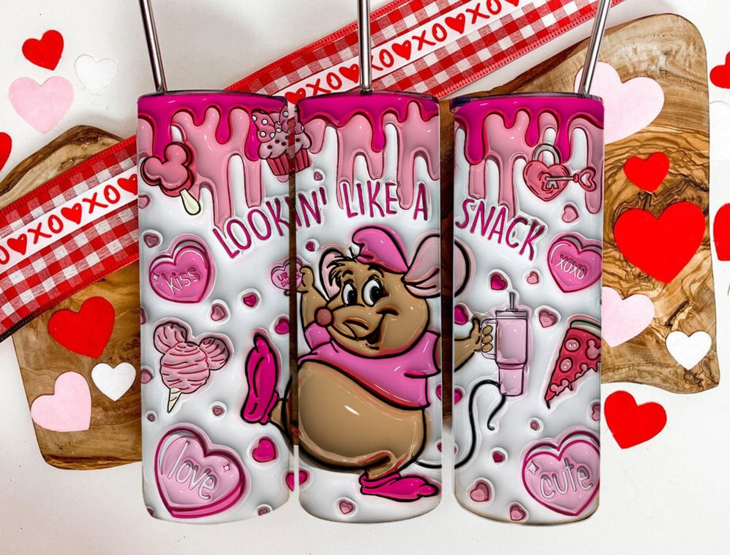 3D Inflated Cinderella Mouse Tumbler Wrap, Valentines Day Tumbler Png, Cute Gus Gus Snack Valentines Png, Cartoon Valentine Snacks Png - VartDigitals