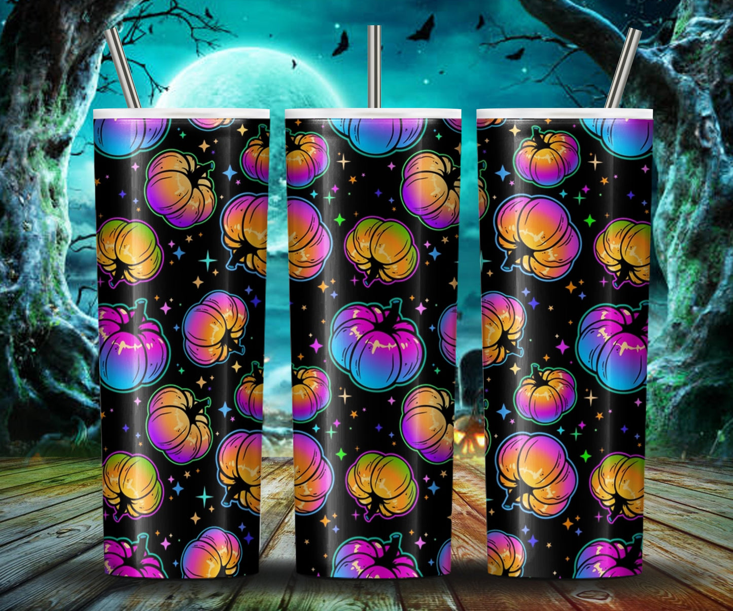 Multicolored Halloween Pumpkin 20Oz Skinny Tumbler, Bright Colorful Sublimation Design, Halloween Bat Pumpkin Tumbler Wrap