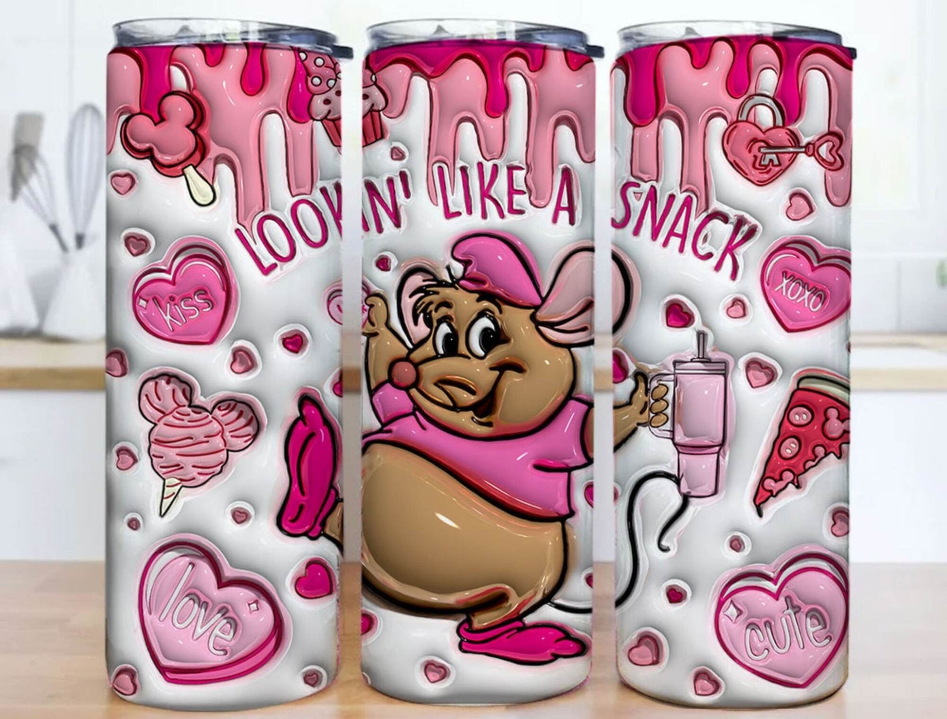 3D Inflated Cinderella Mouse Tumbler Wrap, Valentines Day Tumbler Png, Cute Gus Gus Snack Valentines Png, Cartoon Valentine Snacks Png - VartDigitals