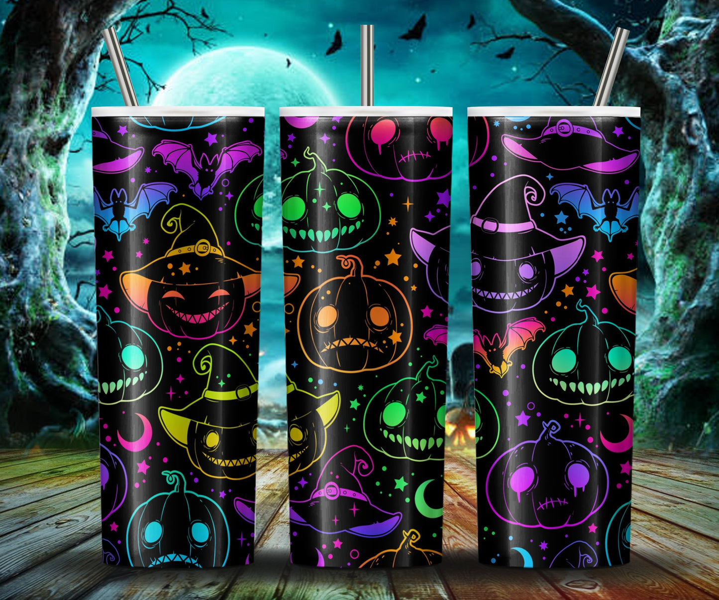 Multicolored Halloween Pumpkin 20Oz Skinny Tumbler, Bright Colorful Sublimation Design, Halloween Bat Pumpkin Tumbler Wrap