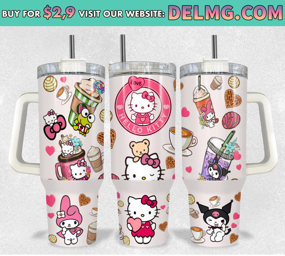 Hello Cat 40oz Tumbler PNG, Spring Flower Pink Cat PNG, Cat Quencher Tumbler Wrap, Hello Cat Tumbler, Full Tumbler Wrap