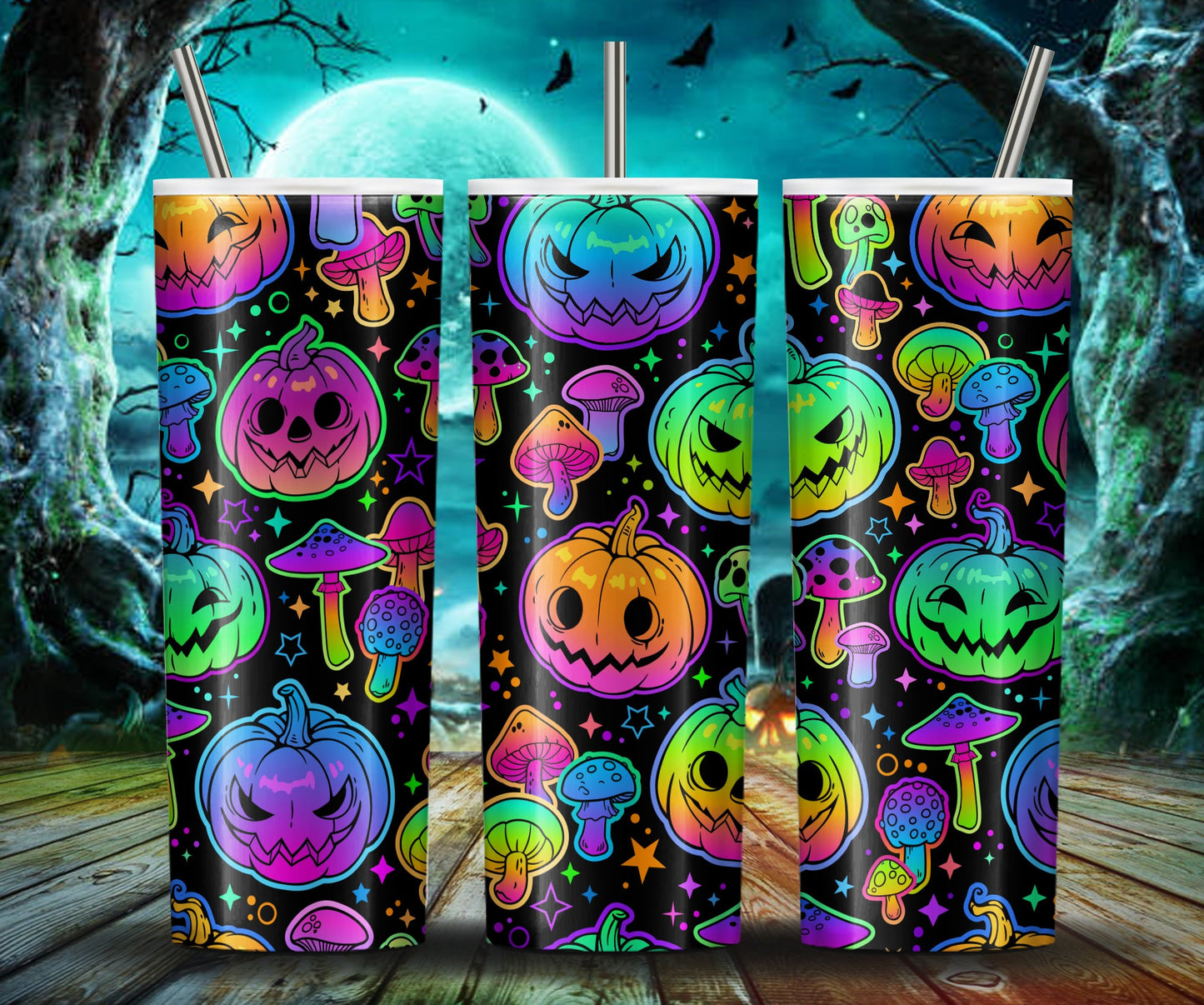 Multicolored Halloween Pumpkin 20Oz Skinny Tumbler, Bright Colorful Sublimation Design, Halloween Bat Pumpkin Tumbler Wrap