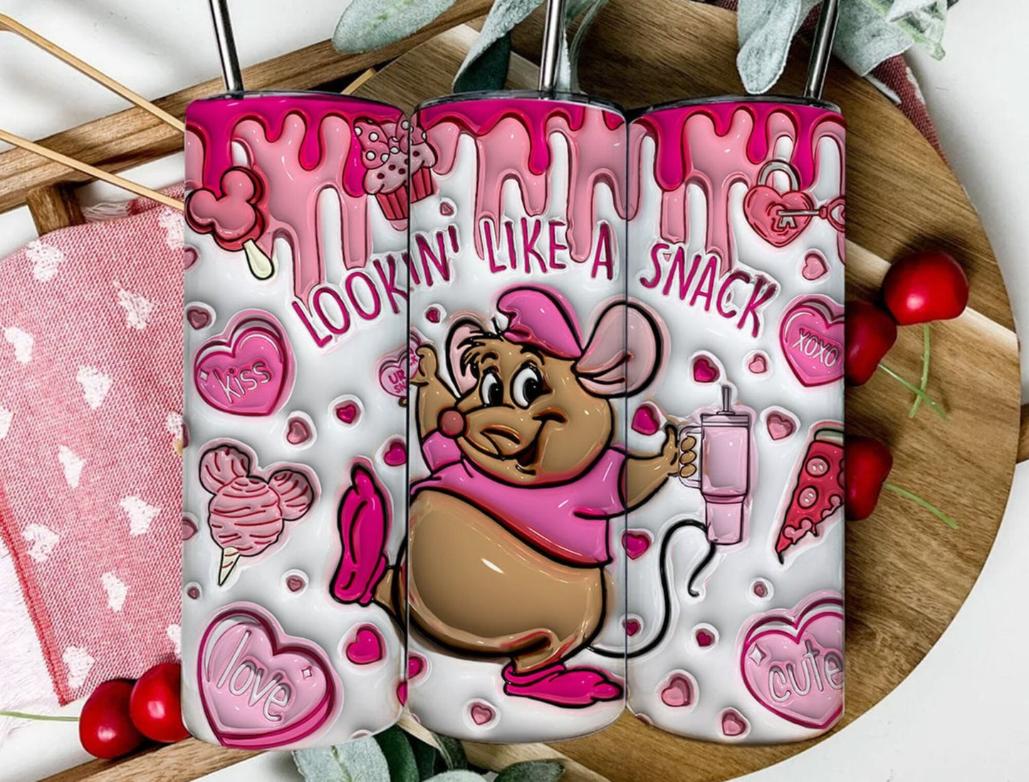 3D Inflated Cinderella Mouse Tumbler Wrap, Valentines Day Tumbler Png, Cute Gus Gus Snack Valentines Png, Cartoon Valentine Snacks Png - VartDigitals