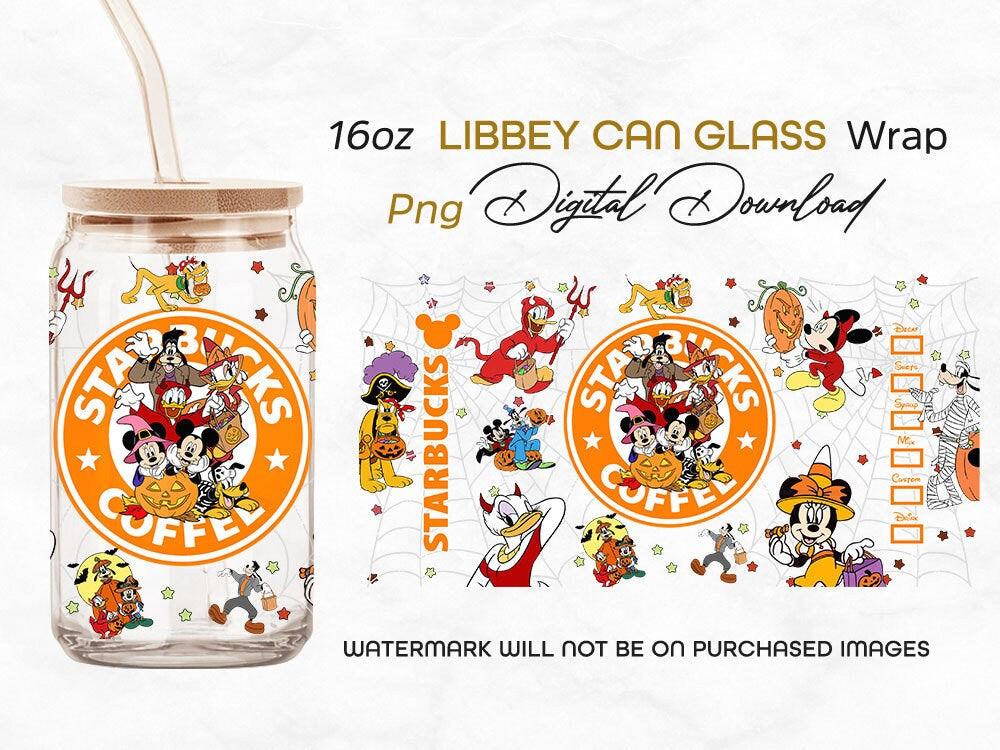 Mickey _ Friends Halloween Libbey 16 oz Design, Trick or Treat 16oz Tumbler Full WrapSnacks , Spooky Vibes, Mickey Boo Bash, Starbucks Wrap - VartDigitals