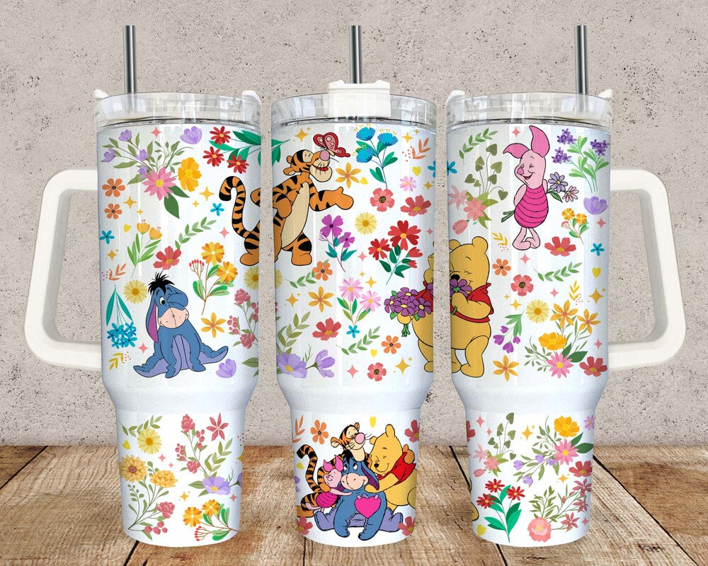 Bears Cartoon 40oz Tumbler Wrap Png, Cartoon Characters 40oz Tumbler Sublimation, Floral Cartoon 40oz Tumbler Png Sublimation Design 3