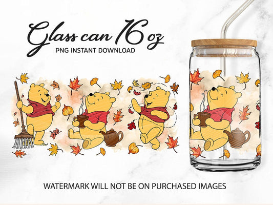 Fall Cartoon Can Glass Wrap, 16oz Libbey Glass Can, Fall Can Glass, Autumn Can Wrap, Fall Vibes Png, Fall Tumbler, Cute Bear Fall Can Glass