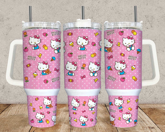 Hello Cat 40oz Tumbler PNG, Spring Flower Pink Cat PNG, Cat Quencher Tumbler Wrap, Kawaii Cat 40oz Tumbler, Full Tumbler Wrap