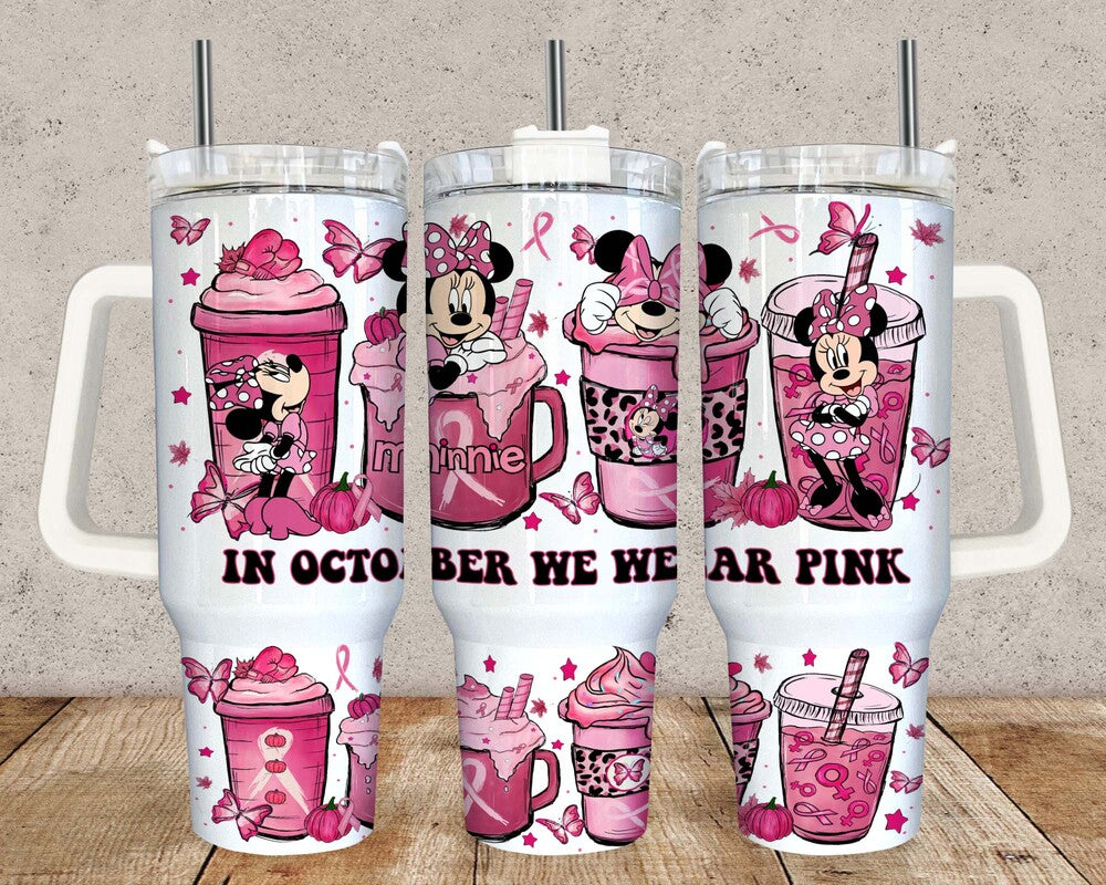 Cartoon 40oz Tumbler Wrap, Mouse Coffee Tumbler, In October We Wear Pink PNG, Pink Coffee Wrap, Digital Download