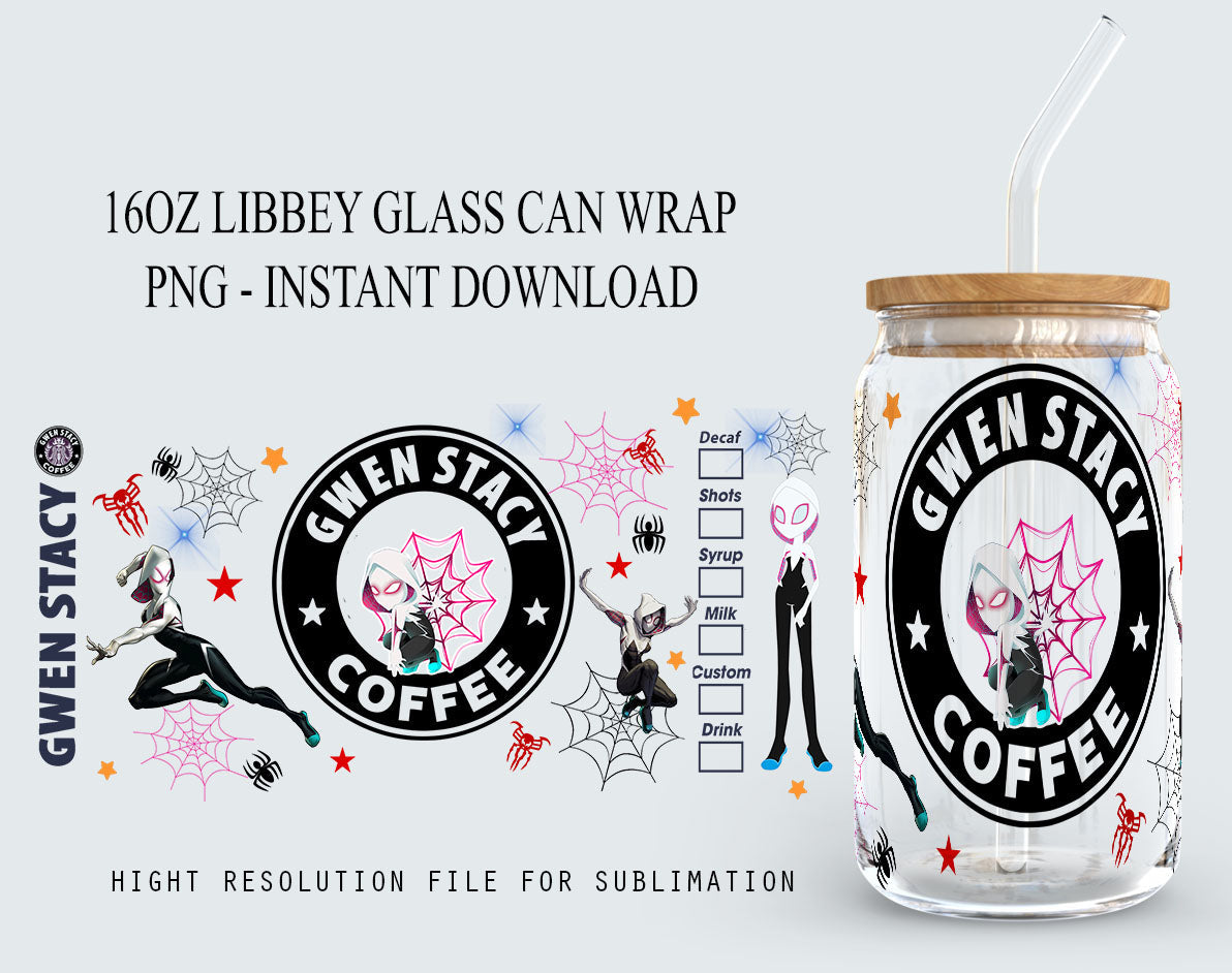 Gwen Stacy 16oz Can Glass Coffee, Girl Spidey tumbler PNG Design