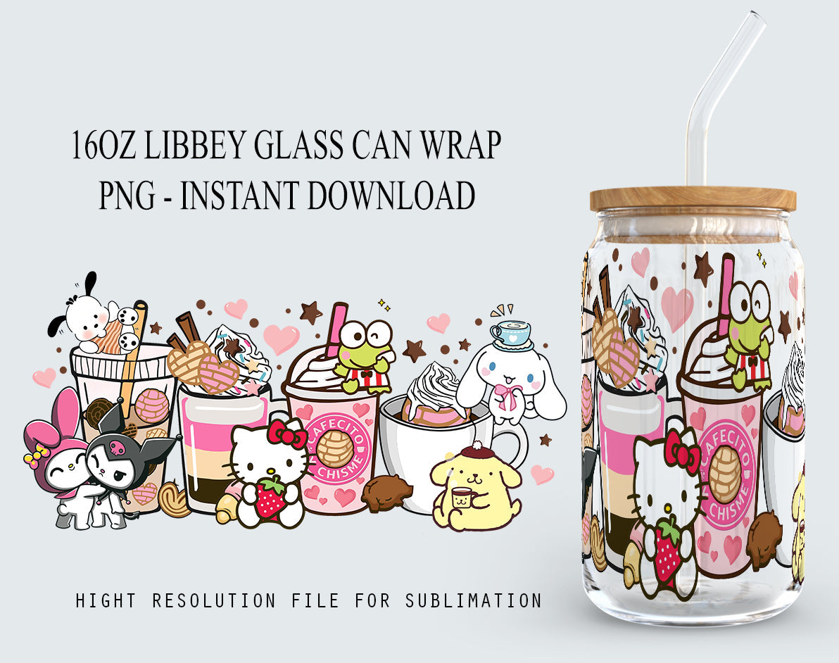 Kawaii Pink Cafecito Y Chisme Tumbler Wrap, Cartoon Tumbler Wrap, 16oz Can Glass Wrap, Friends Coffee Wrap, Hello Cat Png - VartDigitals