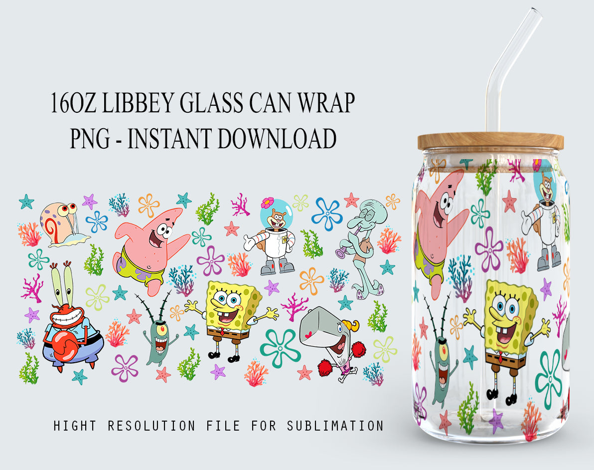 Cartoon Glass Can 16oz, Square Pants PNG, Cartoon Coffee Libbey 16oz, Under the Sea Cartoon Tumbler Wrap - VartDigitals