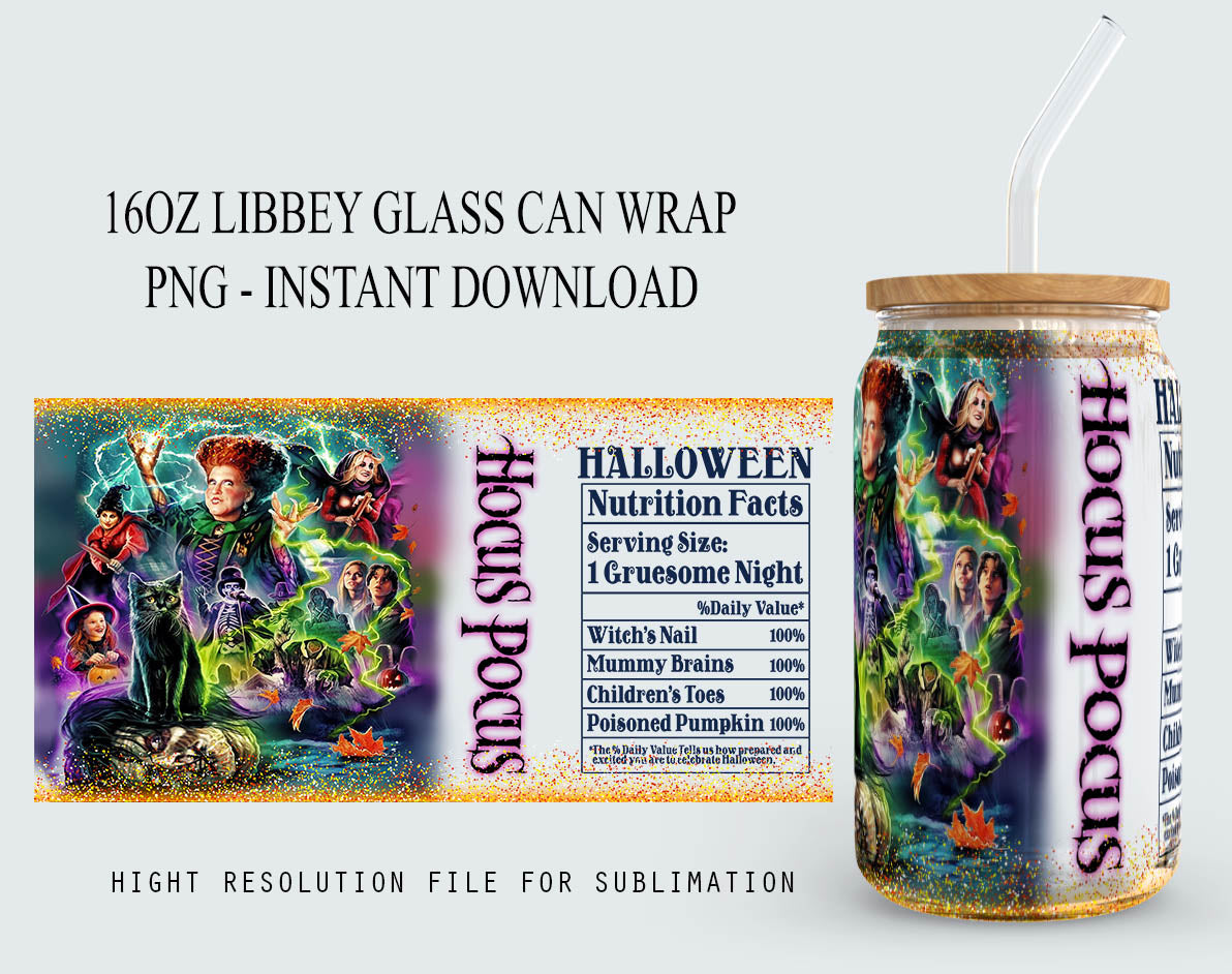 Hocus Pocus Can Glass, Halloween 16oz glass can png design for sublimation, Funny Nutrition Facts Halloween Sublimation digital download