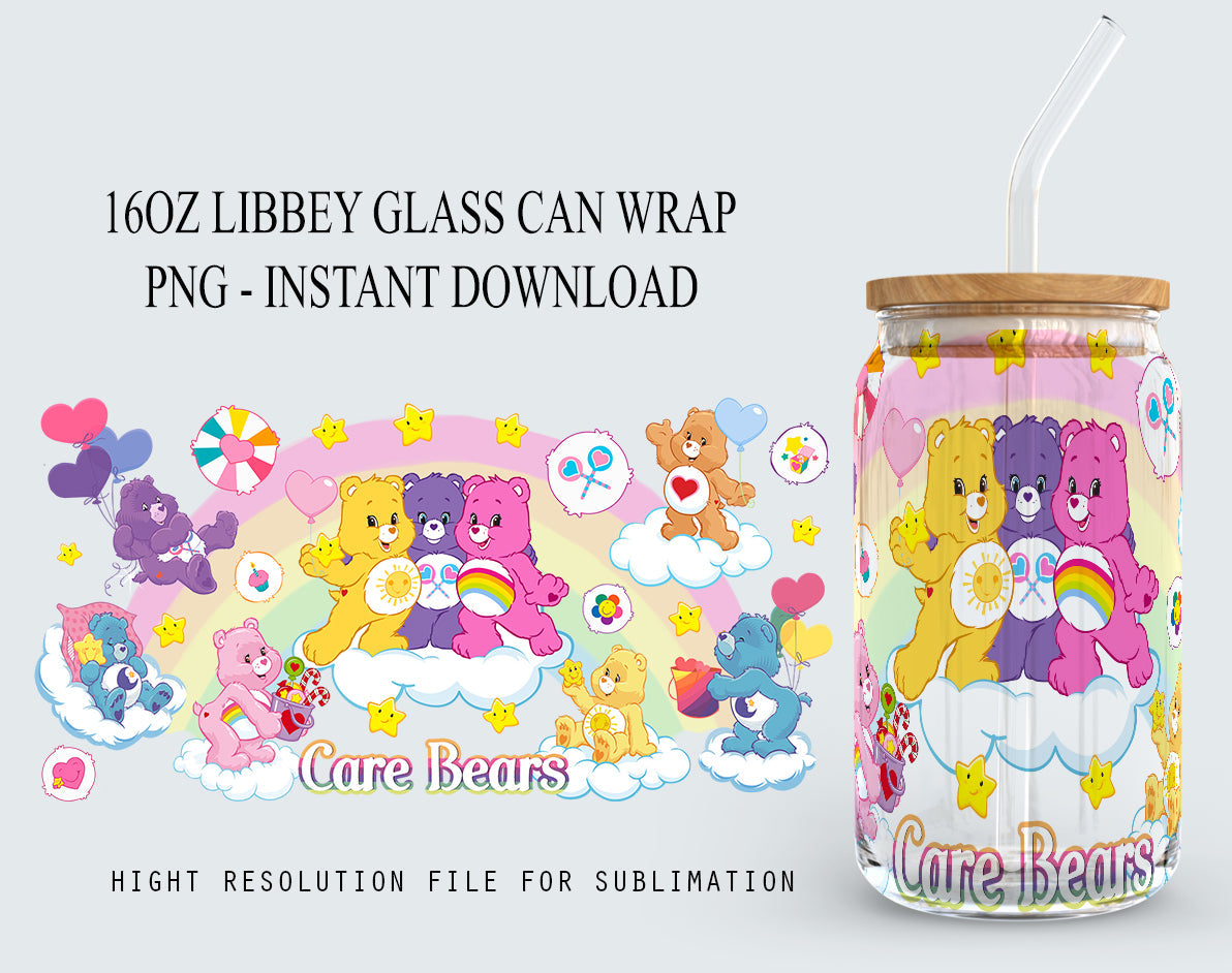 Bears Cartoons 16oz Wrap, 16oz Libbey Glass Can, Frosted Can Glass, Sublimation Design, Rainbow Design, Cute Bears Wrap,Cute Cartoon Design