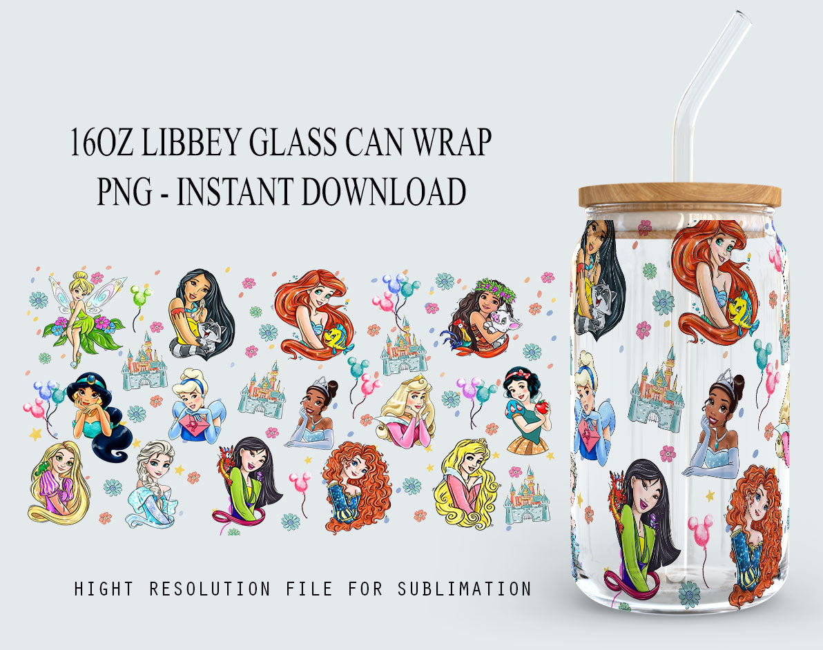 Princess Tumbler, Princess Glass Wrap, 16oz Glass Can Png, Libbey Can Glass 16oz, Funny Princess Tumbler, Princess Png, Princess Images