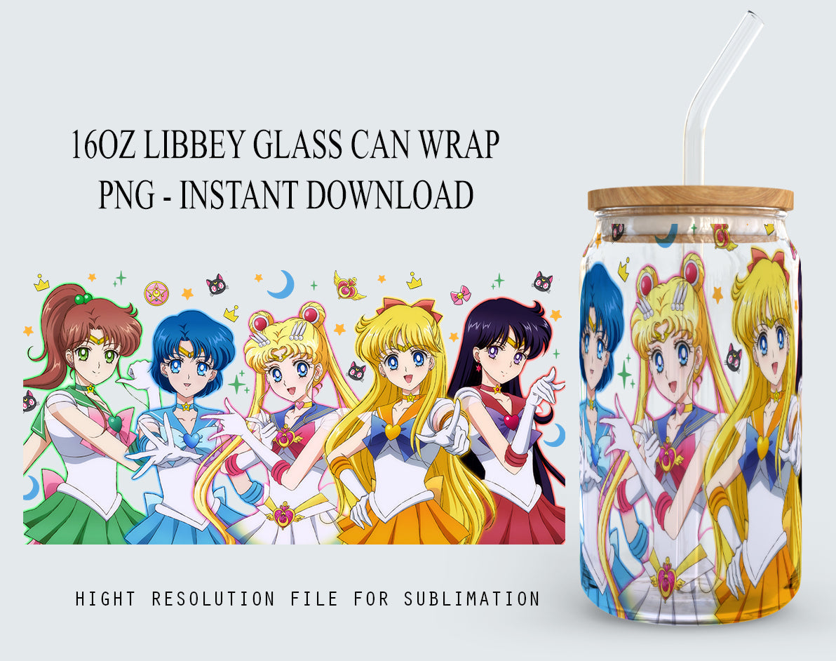 Anime Sailor Girls Tumbler Wrap, Libbey 16ozGlass Can Design, Anime Tumbler - Sublimation Design Digital Download - PNG Active - VartDigitals